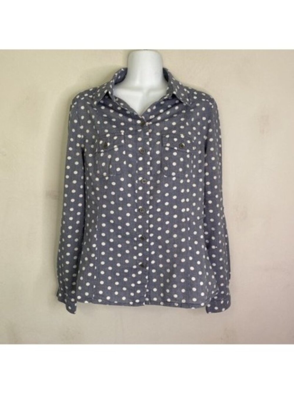 Kut From The Kloth Polka Dot Button Up blouse Small Rolled Cuffs Blue White